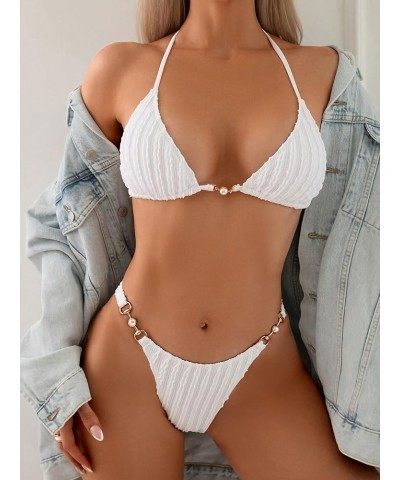 Women's Sexy Lace Striped Solid Swimsuit 2 Piece Halter Triangle Top Ring Linked Bikini Set Solid White $17.97 Swimsuits