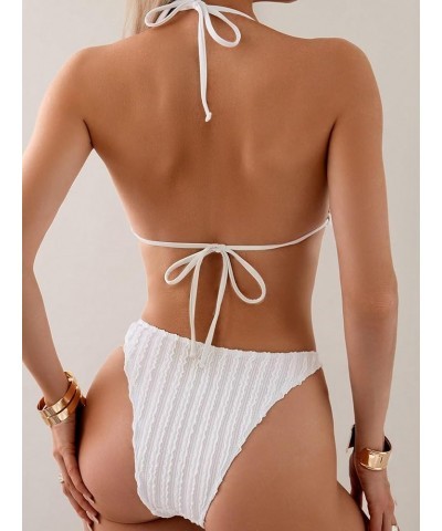 Women's Sexy Lace Striped Solid Swimsuit 2 Piece Halter Triangle Top Ring Linked Bikini Set Solid White $17.97 Swimsuits