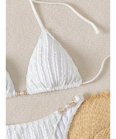 Women's Sexy Lace Striped Solid Swimsuit 2 Piece Halter Triangle Top Ring Linked Bikini Set Solid White $17.97 Swimsuits