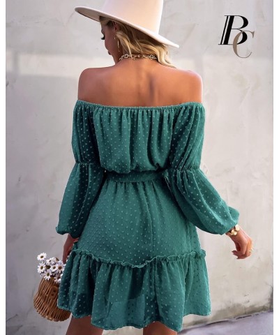 Women Dress Off Shoulder Chiffon Ladies Dress Elastic Neck Long Sleeve Dress with Lining and Waistband Green $20.51 Dresses