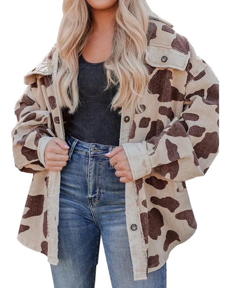 Womens Oversized Leopard Corduroy Jacket Shacket Long Sleeve Button Down Shirt Jacket Coats Apricot $18.27 Jackets