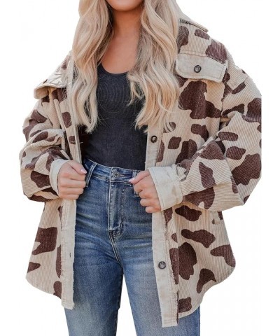 Womens Oversized Leopard Corduroy Jacket Shacket Long Sleeve Button Down Shirt Jacket Coats Apricot $18.27 Jackets