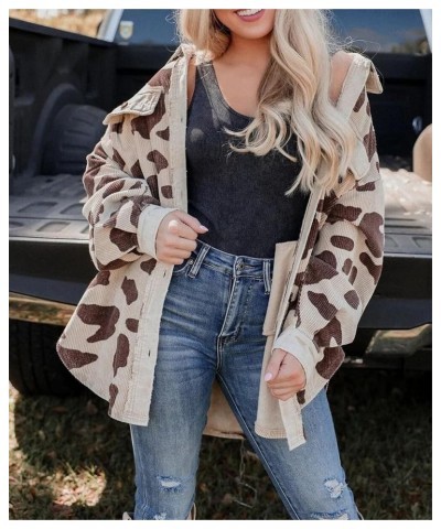 Womens Oversized Leopard Corduroy Jacket Shacket Long Sleeve Button Down Shirt Jacket Coats Apricot $18.27 Jackets