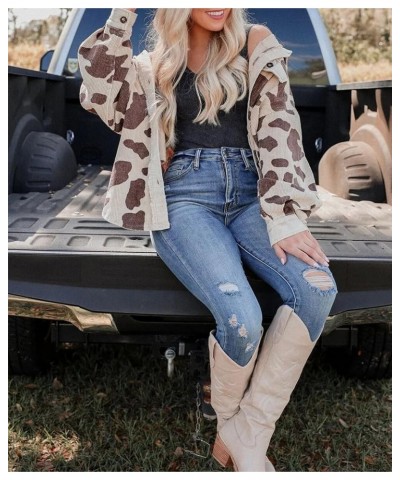 Womens Oversized Leopard Corduroy Jacket Shacket Long Sleeve Button Down Shirt Jacket Coats Apricot $18.27 Jackets