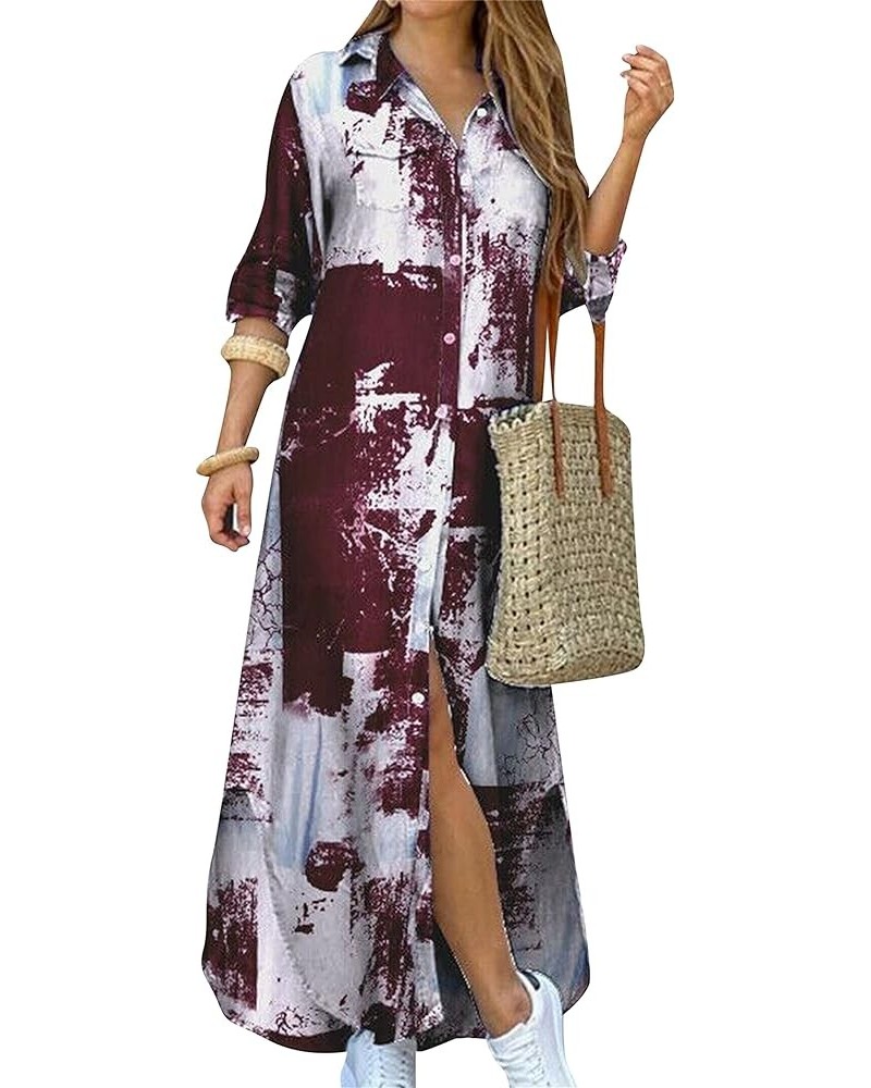 Women's Casual Lapel Collar Floral Print Maxi Dresses Side Slit Long Sleeves Loose Fit Shirt Dress Tie Dye Wine Red $14.72 Dr...