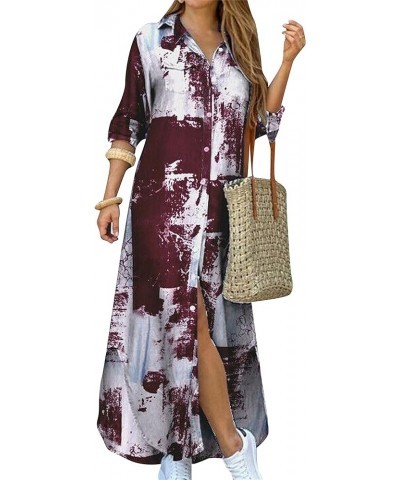 Women's Casual Lapel Collar Floral Print Maxi Dresses Side Slit Long Sleeves Loose Fit Shirt Dress Tie Dye Wine Red $14.72 Dr...