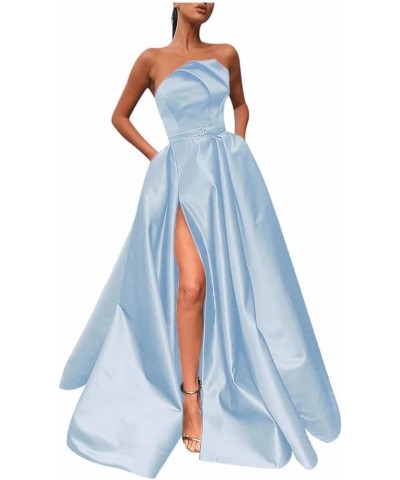 Irregular Neck Long Prom Dresses with Slit Satin A-line Formal Evening Party Gowns with Pockets for Women Light Blue $34.50 D...