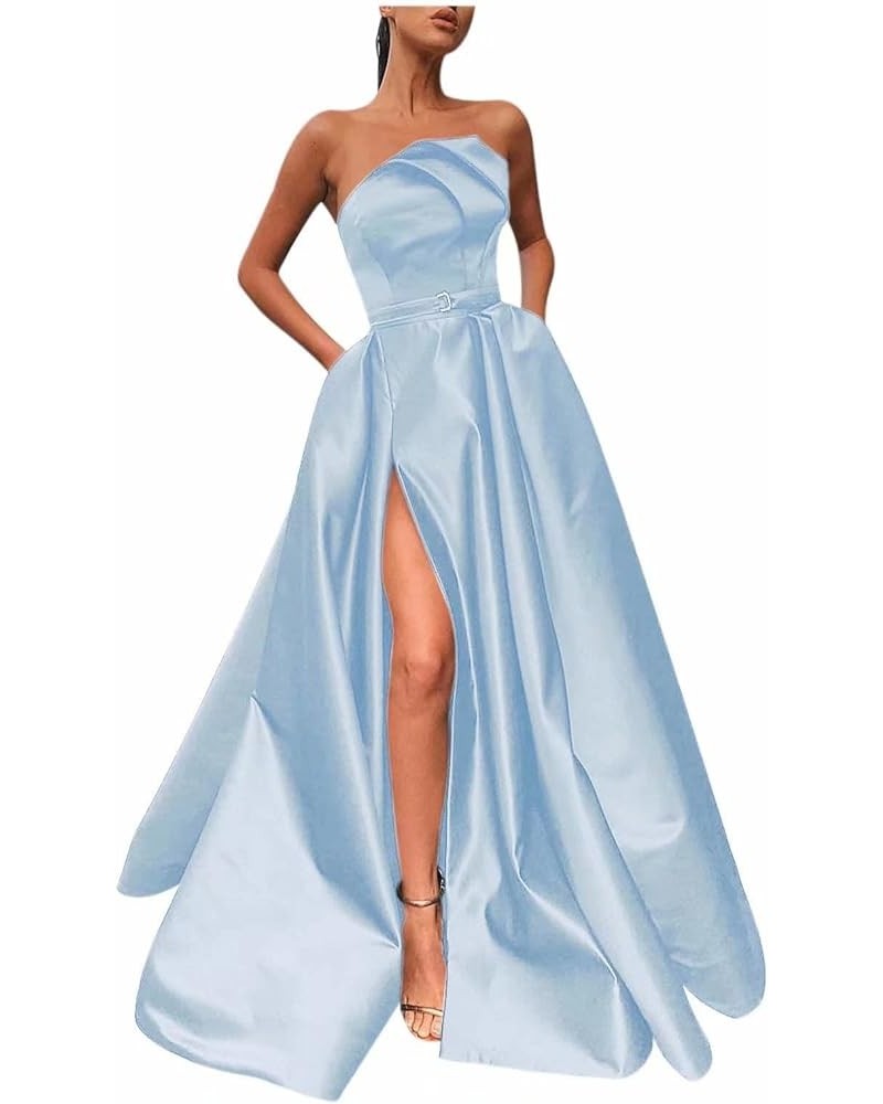 Irregular Neck Long Prom Dresses with Slit Satin A-line Formal Evening Party Gowns with Pockets for Women Light Blue $34.50 D...