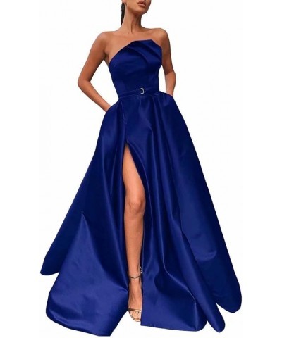 Irregular Neck Long Prom Dresses with Slit Satin A-line Formal Evening Party Gowns with Pockets for Women Light Blue $34.50 D...