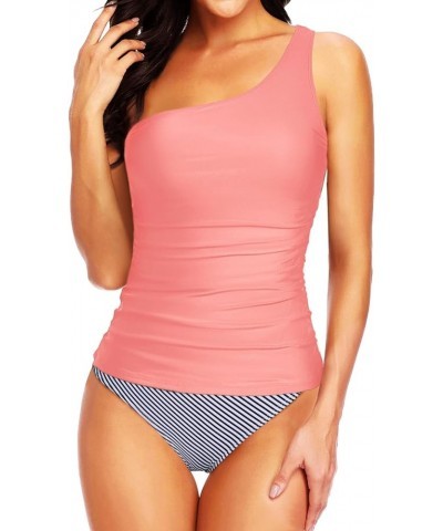 Two Piece Swimsuits for Women Tummy Control Bathing Suit One Shoulder Tankini Top with Bikini Bottoms Pink Striped $23.99 Swi...