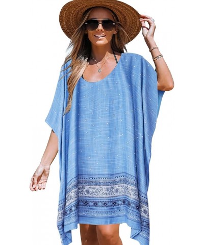 Women's Beach Kaftan Crewneck Swimsuit Cover up for Bathing Suit with Floral Pattern A-blue Print $15.43 Swimsuits