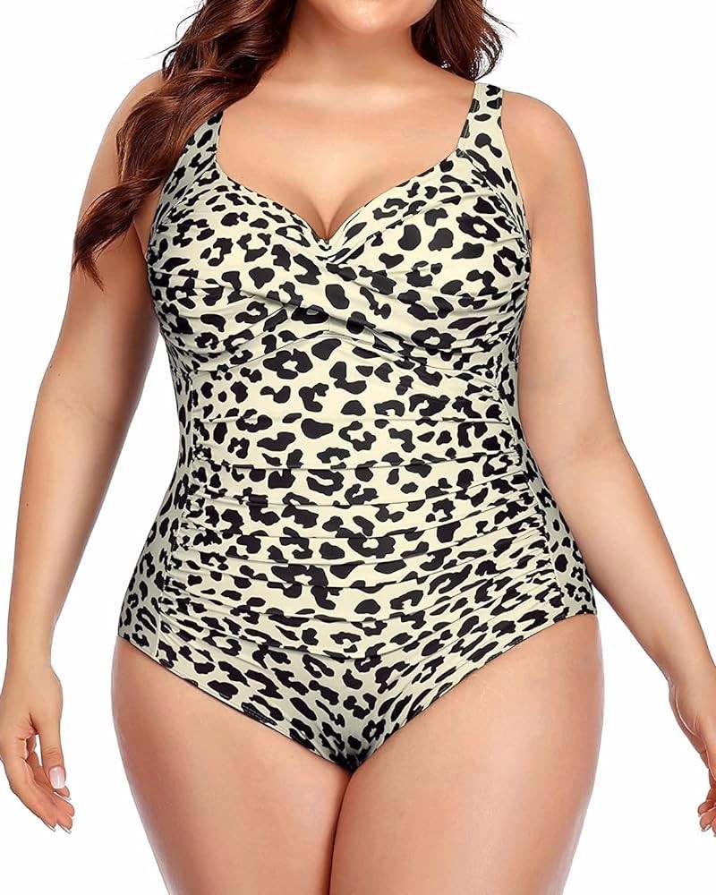 Women Plus Size One Piece Swimsuits Tummy Control Bathing Suits Twist Front Ruched Swimwear Beige Leopard Print $22.79 Swimsuits