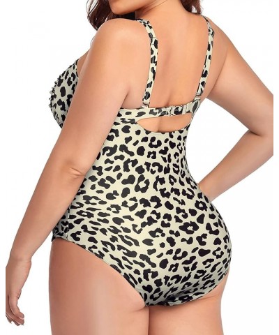 Women Plus Size One Piece Swimsuits Tummy Control Bathing Suits Twist Front Ruched Swimwear Beige Leopard Print $22.79 Swimsuits