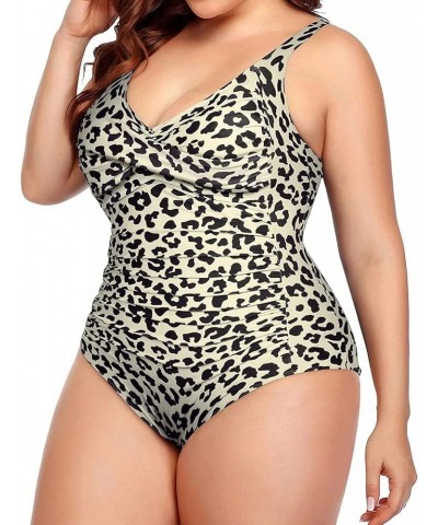 Women Plus Size One Piece Swimsuits Tummy Control Bathing Suits Twist Front Ruched Swimwear Beige Leopard Print $22.79 Swimsuits