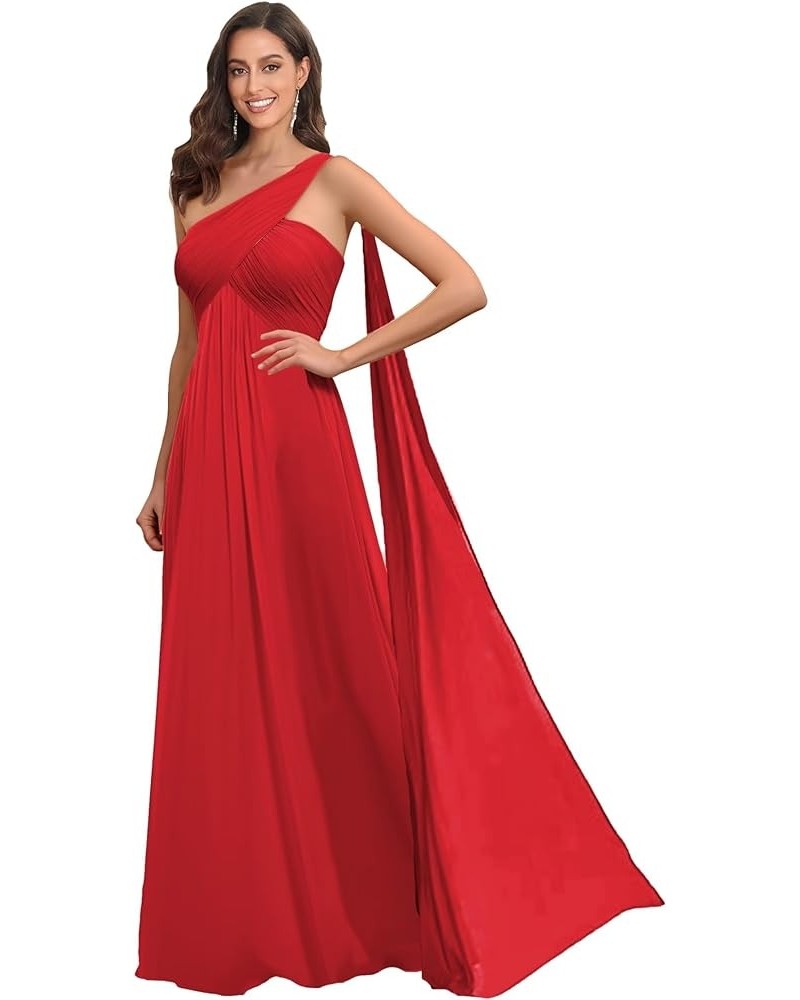 One Shoulder Bridesmaid Dresses for Wedding Long Chiffon Ruched Bust Formal Evening Dress Red $27.50 Dresses