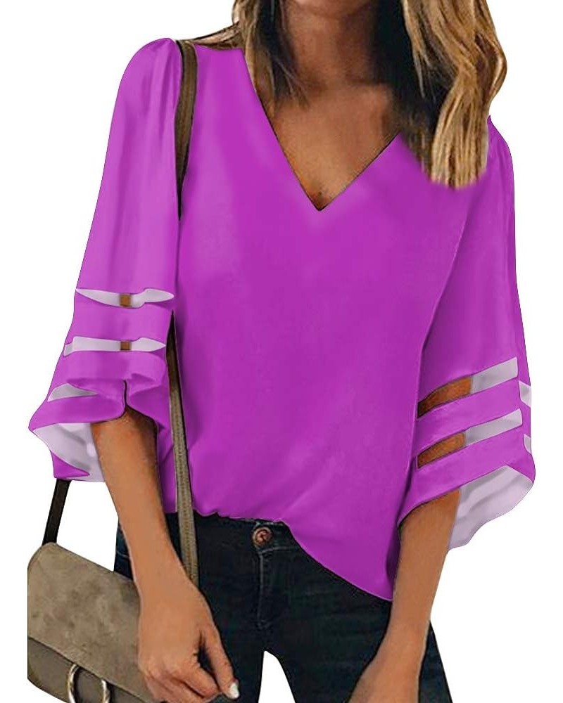 Women's Business Casual Tops 3/4 Bell Sleeve V Neck Lace Patchwork Blouse Loose Shirt Purple $9.24 Tops