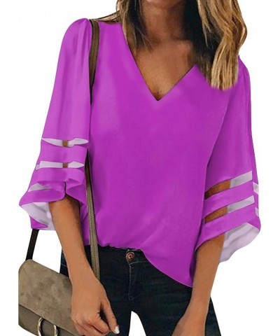 Women's Business Casual Tops 3/4 Bell Sleeve V Neck Lace Patchwork Blouse Loose Shirt Purple $9.24 Tops