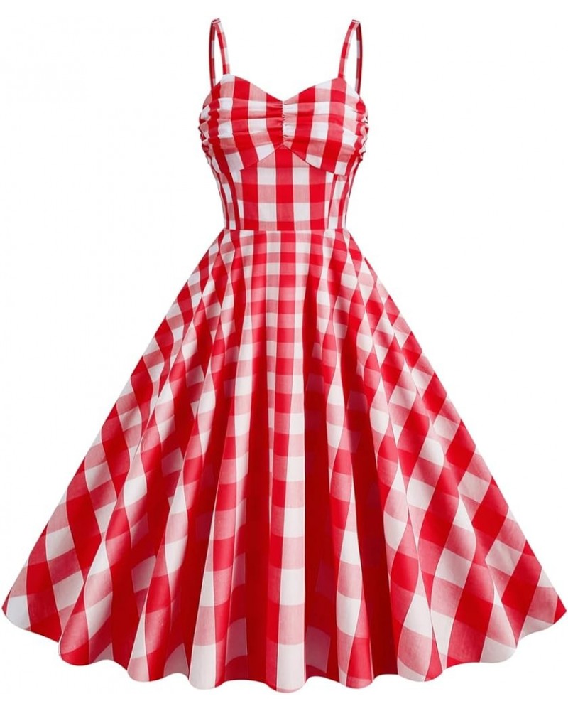 Women's Vintage Plaid Dress Spaghetti Strap Gingham A-line Swing Cocktail Party Dresses Red-spaghetti Straps $13.75 Dresses