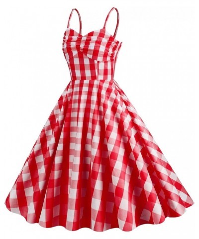 Women's Vintage Plaid Dress Spaghetti Strap Gingham A-line Swing Cocktail Party Dresses Red-spaghetti Straps $13.75 Dresses