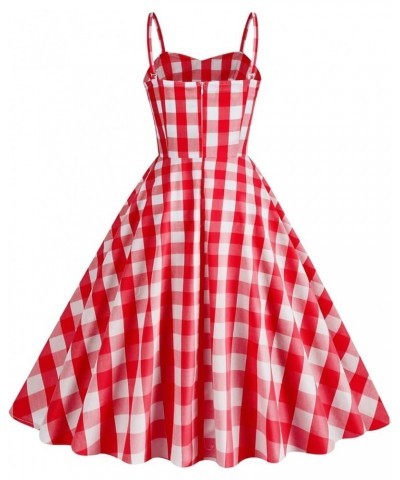 Women's Vintage Plaid Dress Spaghetti Strap Gingham A-line Swing Cocktail Party Dresses Red-spaghetti Straps $13.75 Dresses