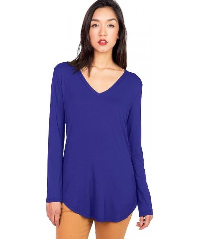 Women's Basic Long Sleeve V-Neck Top Royal Blue $9.66 Tops