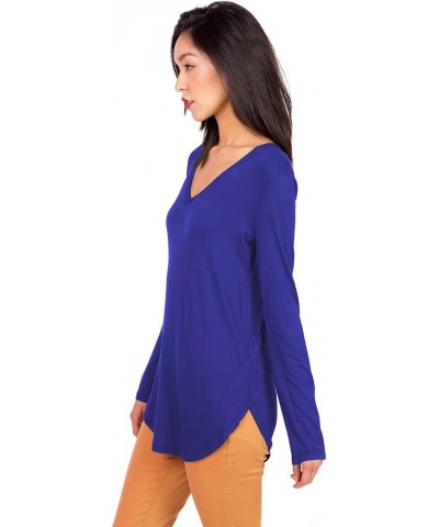 Women's Basic Long Sleeve V-Neck Top Royal Blue $9.66 Tops