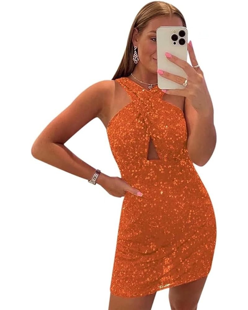 Halter Short Tight Homecoming Dresses for Teens Sparkly Bodycon Cocktail Party Gowns YZTS071 A-orange $29.67 Dresses