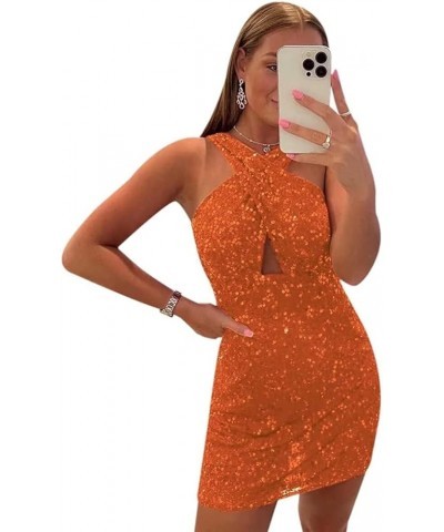 Halter Short Tight Homecoming Dresses for Teens Sparkly Bodycon Cocktail Party Gowns YZTS071 A-orange $29.67 Dresses