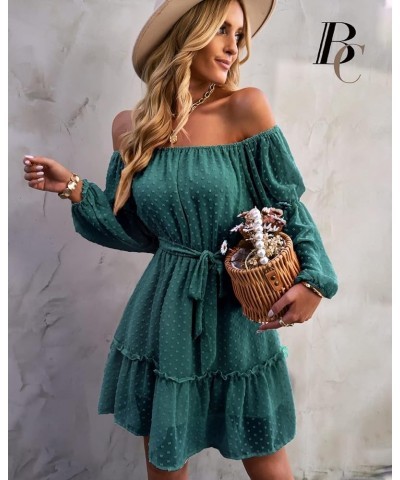 Women Dress Off Shoulder Chiffon Ladies Dress Elastic Neck Long Sleeve Dress with Lining and Waistband Green $20.51 Dresses