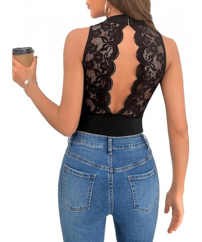 Women's Ribbed Contrast Lace Knot Backless Halter Tops Sleeveless Bodysuit Black Scallop Trim $14.88 Bodysuits