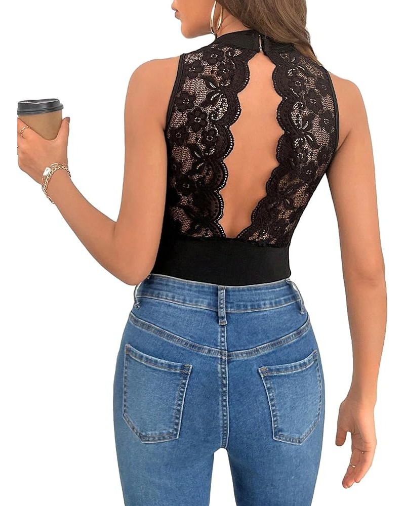 Women's Ribbed Contrast Lace Knot Backless Halter Tops Sleeveless Bodysuit Black Scallop Trim $14.88 Bodysuits