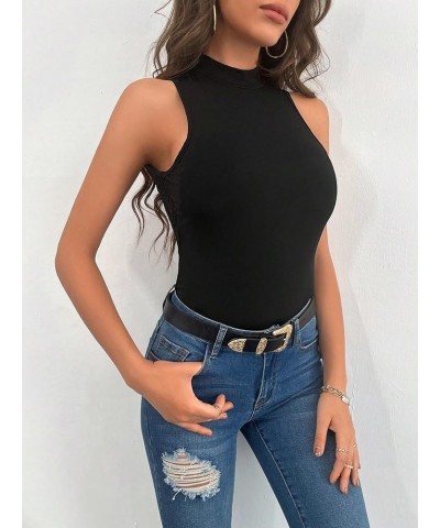 Women's Ribbed Contrast Lace Knot Backless Halter Tops Sleeveless Bodysuit Black Scallop Trim $14.88 Bodysuits