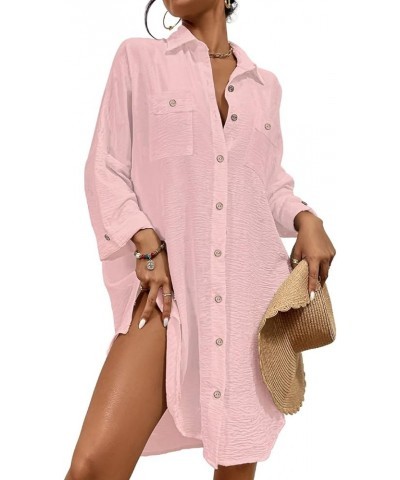 Womens Modern Swimsuit Cover Up Blouse Button Down Shirt Dresses Tops Pink $15.40 Swimsuits