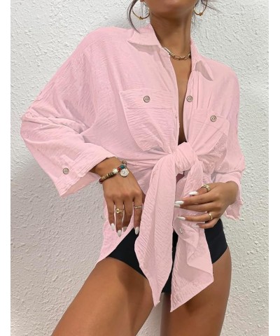 Womens Modern Swimsuit Cover Up Blouse Button Down Shirt Dresses Tops Pink $15.40 Swimsuits