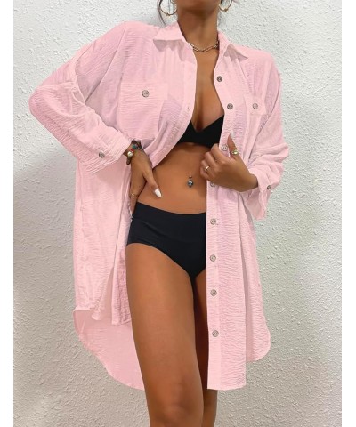 Womens Modern Swimsuit Cover Up Blouse Button Down Shirt Dresses Tops Pink $15.40 Swimsuits