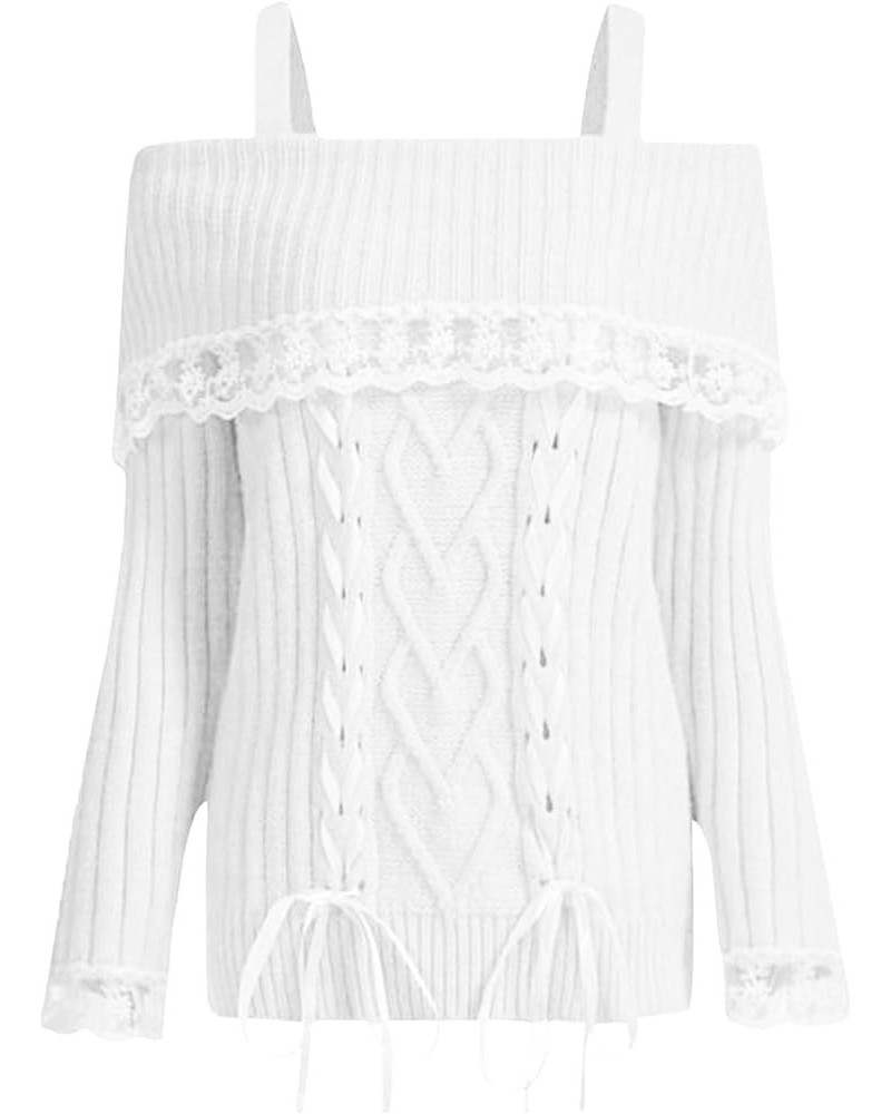 Women Off The Shoulder Sweater Cold Shoulder Top Y2k Knit Fall Sweater Top B White $12.74 Sweaters