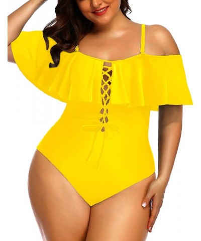 Women Plus Size One Piece Off Shoulder Swimsuits Lace Up Tummy Control Flounce Bathing Suits Neon Yellow $19.07 Swimsuits