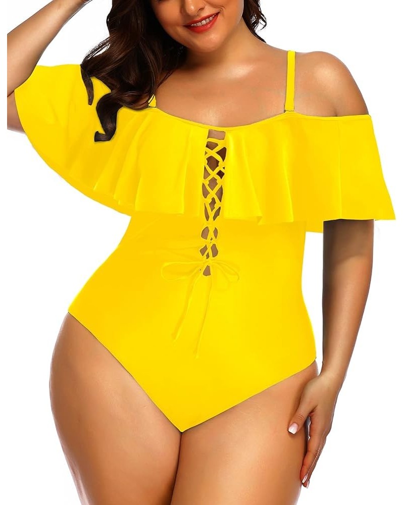 Women Plus Size One Piece Off Shoulder Swimsuits Lace Up Tummy Control Flounce Bathing Suits Neon Yellow $19.07 Swimsuits