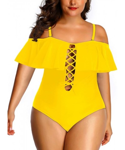 Women Plus Size One Piece Off Shoulder Swimsuits Lace Up Tummy Control Flounce Bathing Suits Neon Yellow $19.07 Swimsuits