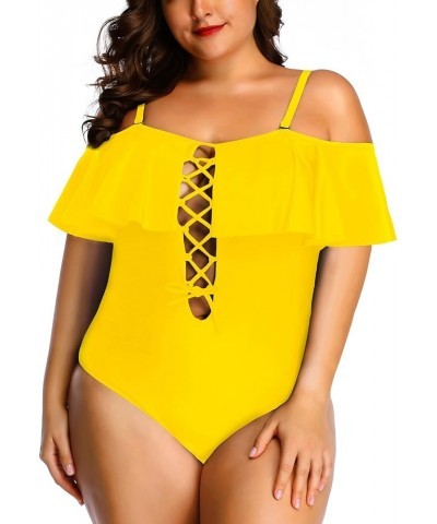 Women Plus Size One Piece Off Shoulder Swimsuits Lace Up Tummy Control Flounce Bathing Suits Neon Yellow $19.07 Swimsuits