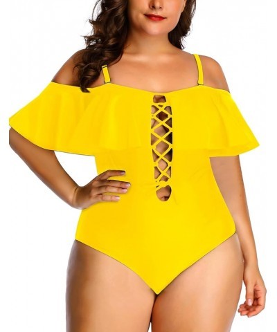 Women Plus Size One Piece Off Shoulder Swimsuits Lace Up Tummy Control Flounce Bathing Suits Neon Yellow $19.07 Swimsuits