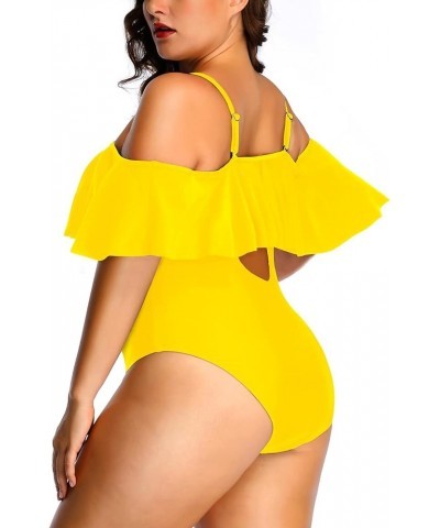 Women Plus Size One Piece Off Shoulder Swimsuits Lace Up Tummy Control Flounce Bathing Suits Neon Yellow $19.07 Swimsuits