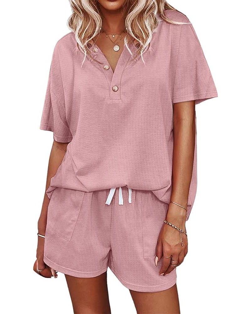 Women's Waffle Knit Pajamas Set Short Sleeve Top with Shorts Matching Lounge Sets Loungewear Sweatsuit with Pockets A03 Pink ...