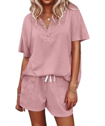 Women's Waffle Knit Pajamas Set Short Sleeve Top with Shorts Matching Lounge Sets Loungewear Sweatsuit with Pockets A03 Pink ...