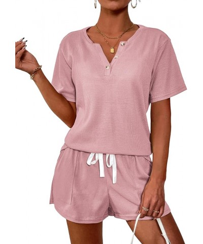 Women's Waffle Knit Pajamas Set Short Sleeve Top with Shorts Matching Lounge Sets Loungewear Sweatsuit with Pockets A03 Pink ...