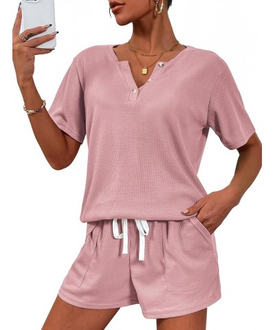 Women's Waffle Knit Pajamas Set Short Sleeve Top with Shorts Matching Lounge Sets Loungewear Sweatsuit with Pockets A03 Pink ...