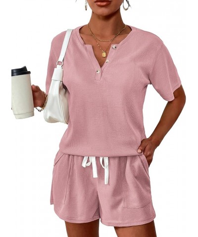 Women's Waffle Knit Pajamas Set Short Sleeve Top with Shorts Matching Lounge Sets Loungewear Sweatsuit with Pockets A03 Pink ...