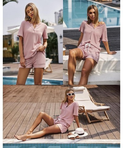 Women's Waffle Knit Pajamas Set Short Sleeve Top with Shorts Matching Lounge Sets Loungewear Sweatsuit with Pockets A03 Pink ...