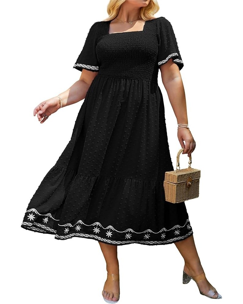 Women's Plus Size Summer Casual Short Sleeve Smocked Square Neck A Line Flowy Midi Dress Long Dress Plus Black $26.99 Dresses