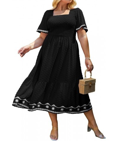 Women's Plus Size Summer Casual Short Sleeve Smocked Square Neck A Line Flowy Midi Dress Long Dress Plus Black $26.99 Dresses